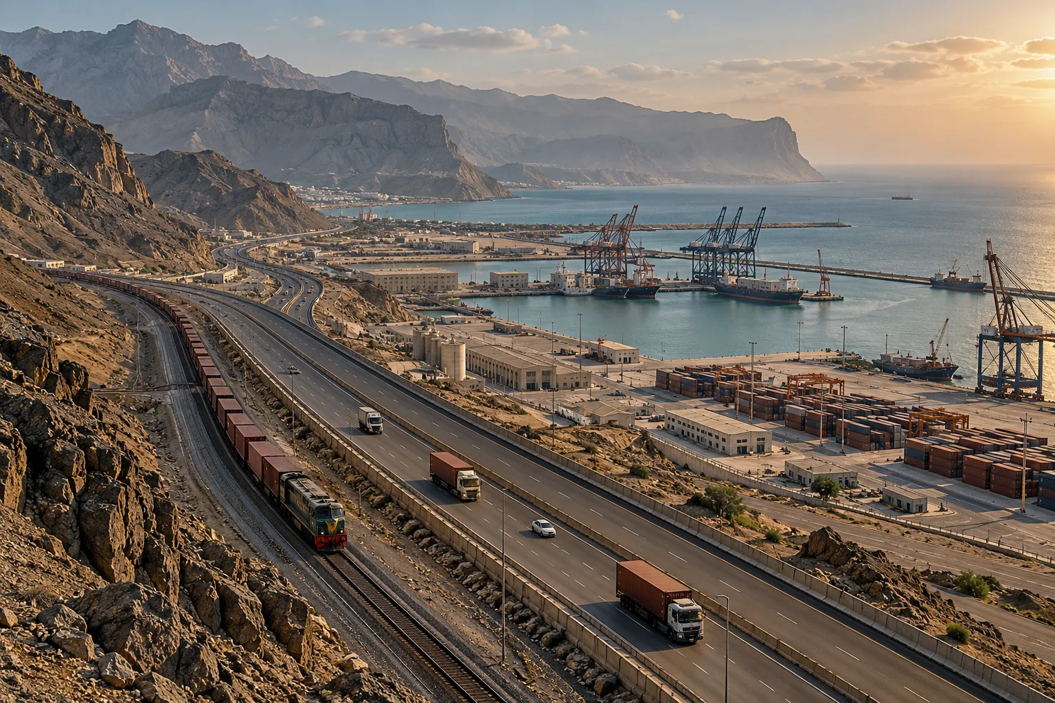 Illustrative coastal freight corridor connecting road, rail, and a port.