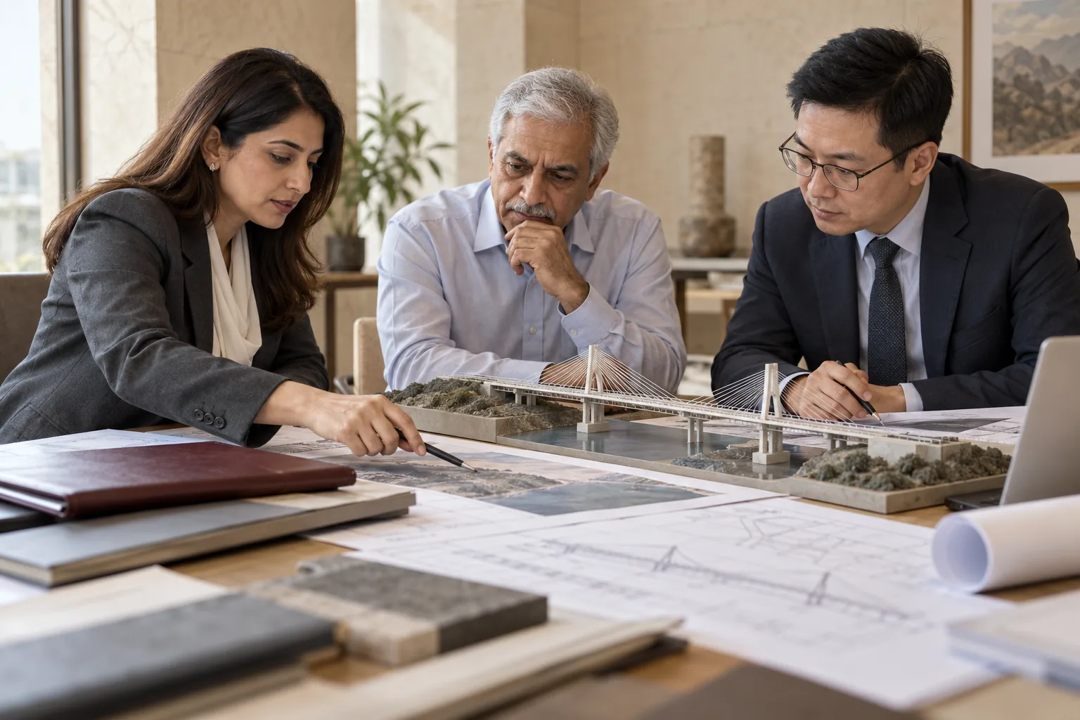 Illustrative advisers examining project material and a bridge model.