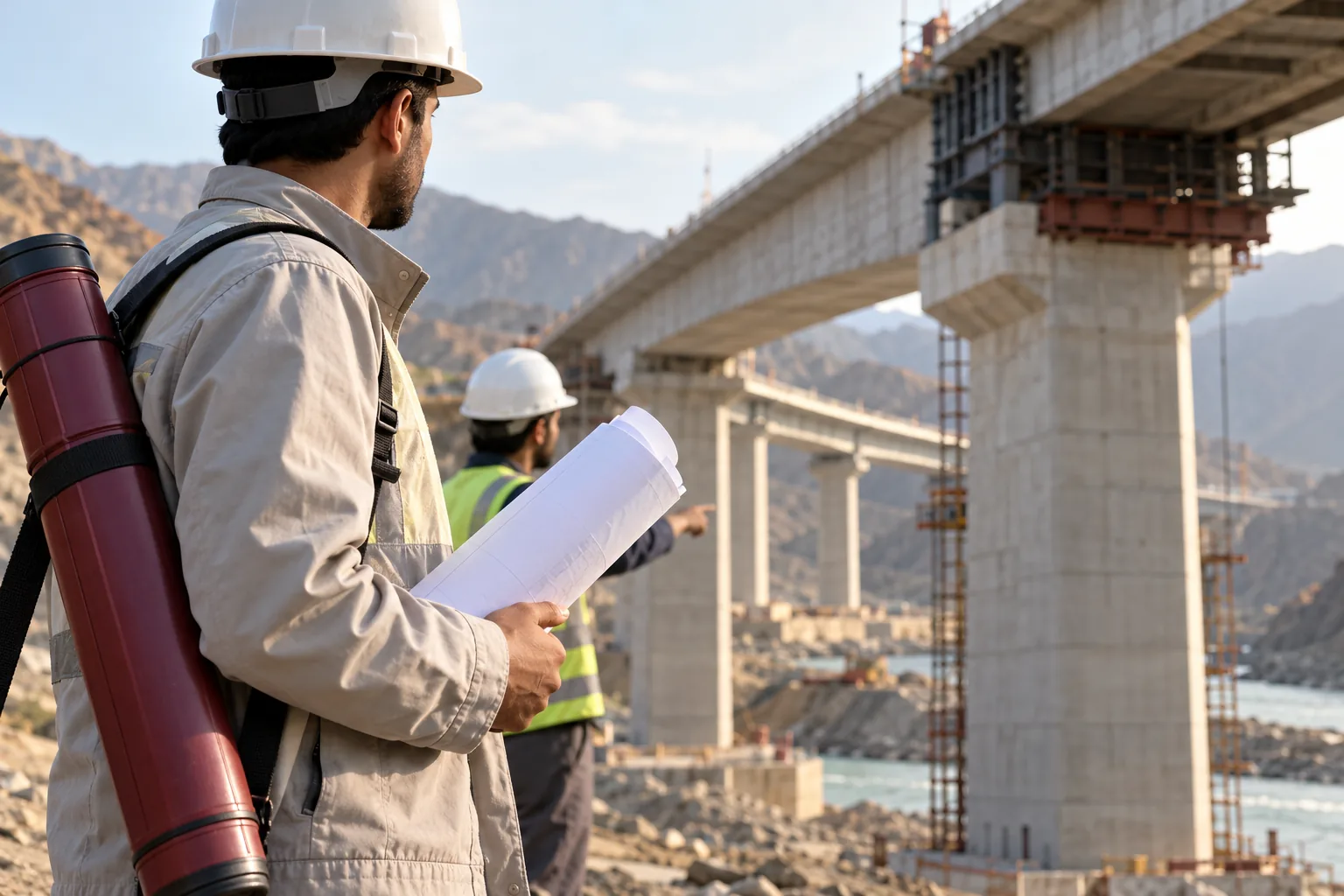 Illustrative engineers reviewing bridge infrastructure and project drawings.