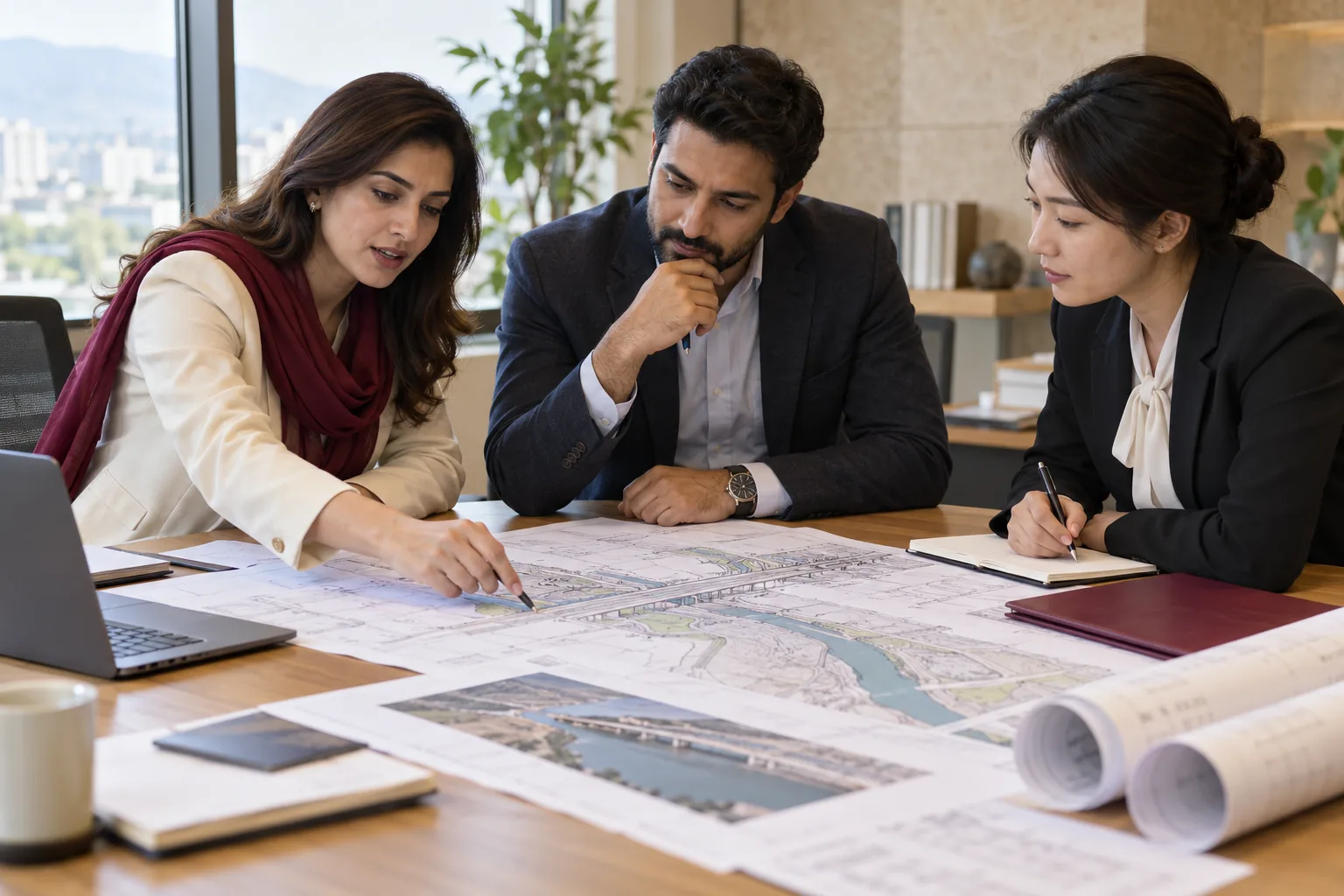 Illustrative project team discussing infrastructure plans and its professional needs.