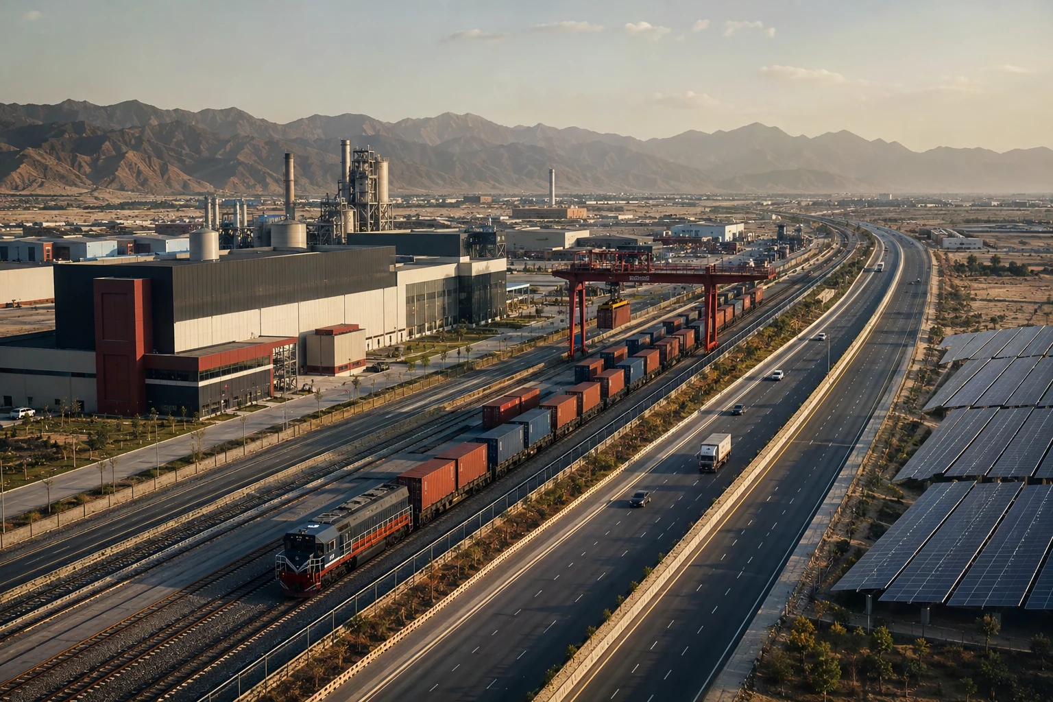 A manufacturing and logistics corridor with freight rail, highway infrastructure, and solar power