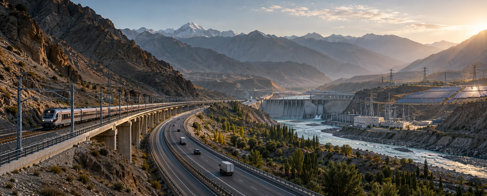 Illustrative mountain transport and clean-energy corridor with rail, highway, and hydropower infrastructure