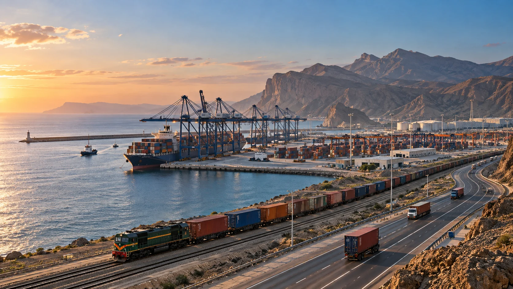 Illustrative intermodal logistics corridor with port, freight rail, and highway infrastructure