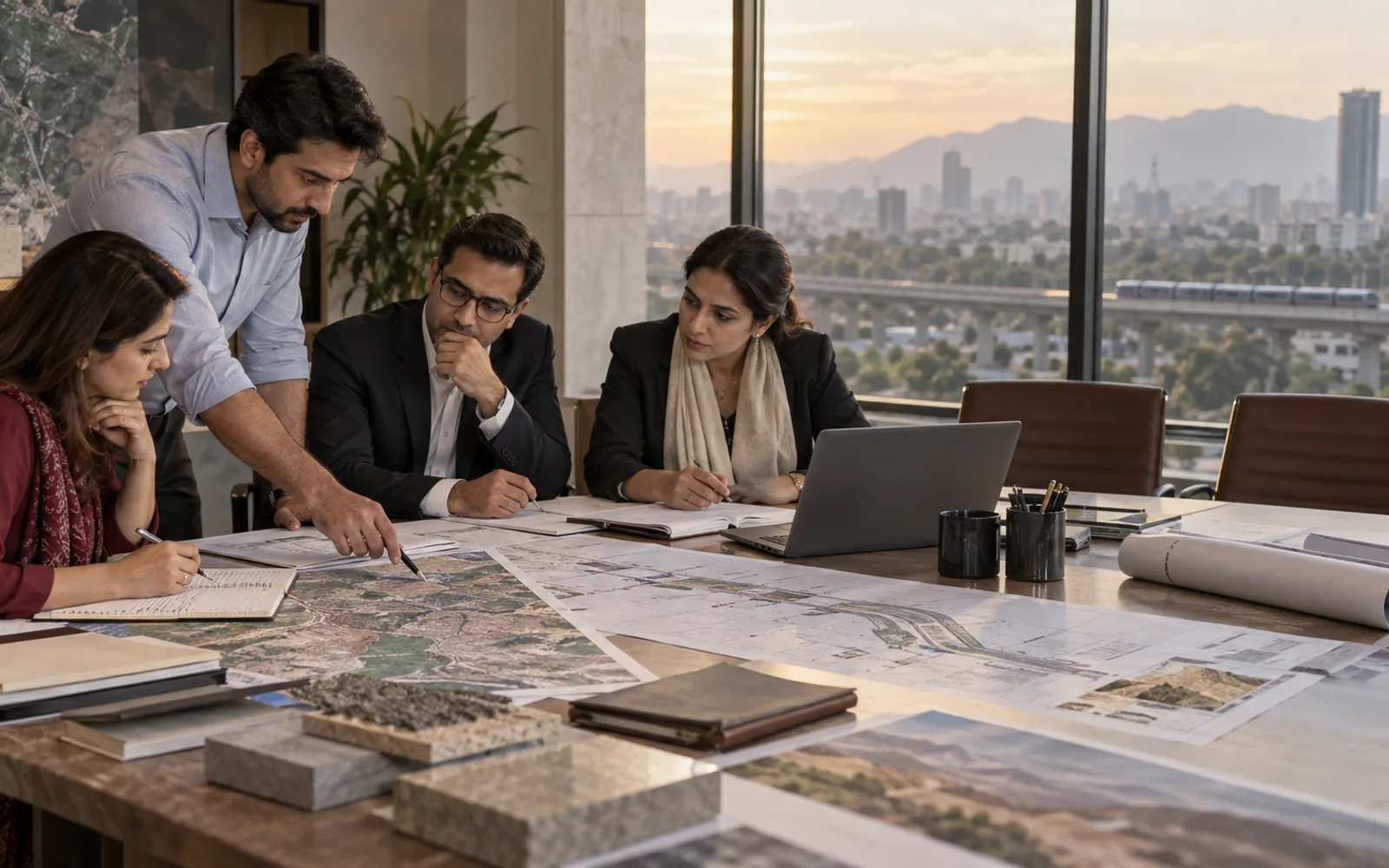 A conceptual multidisciplinary project team reviewing maps, technical plans and market information
