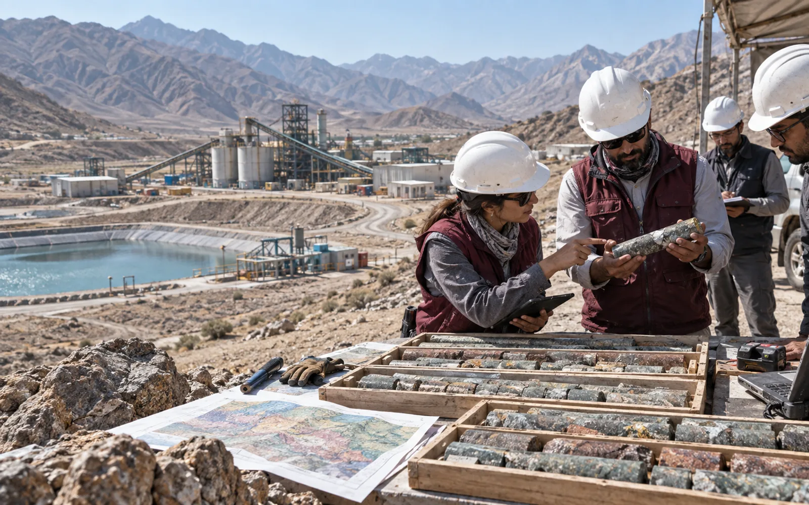 Conceptual geologists and engineers reviewing core samples beside responsible processing infrastructure
