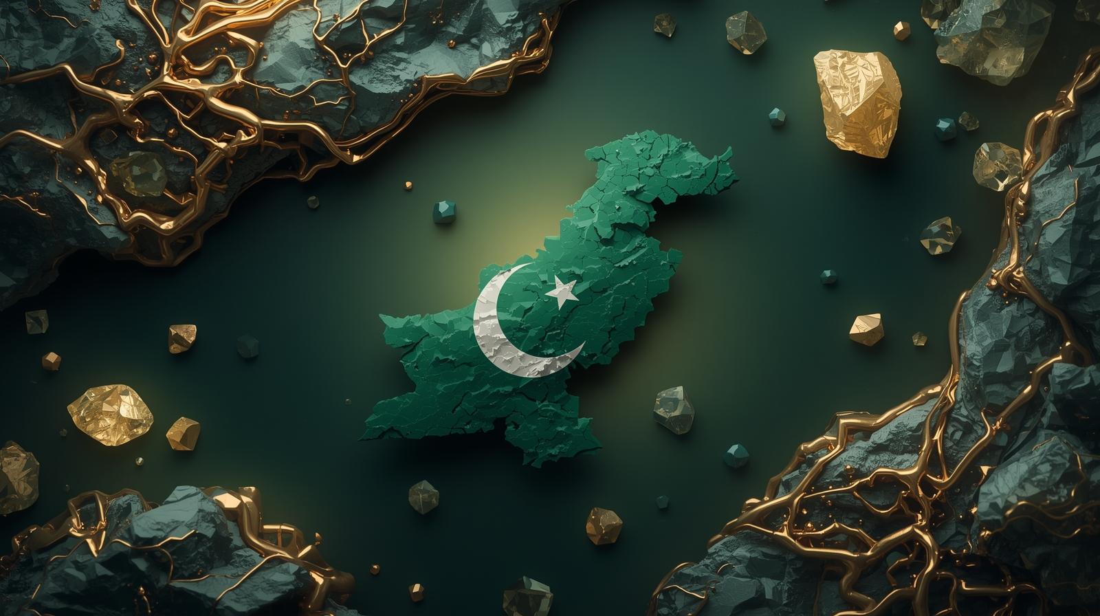 Artistic mineral composition surrounding the map of Pakistan