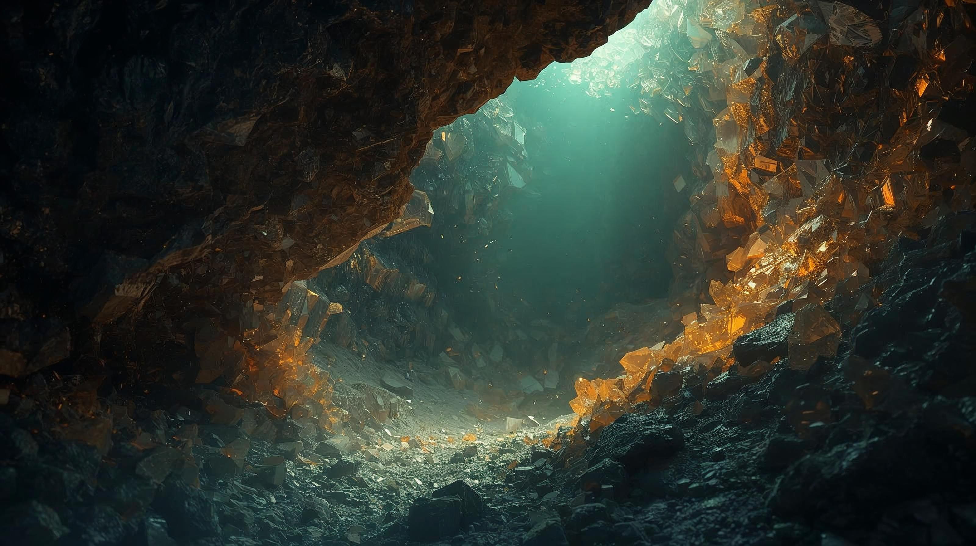 Mineral-rich cavern rendered in copper and deep green tones