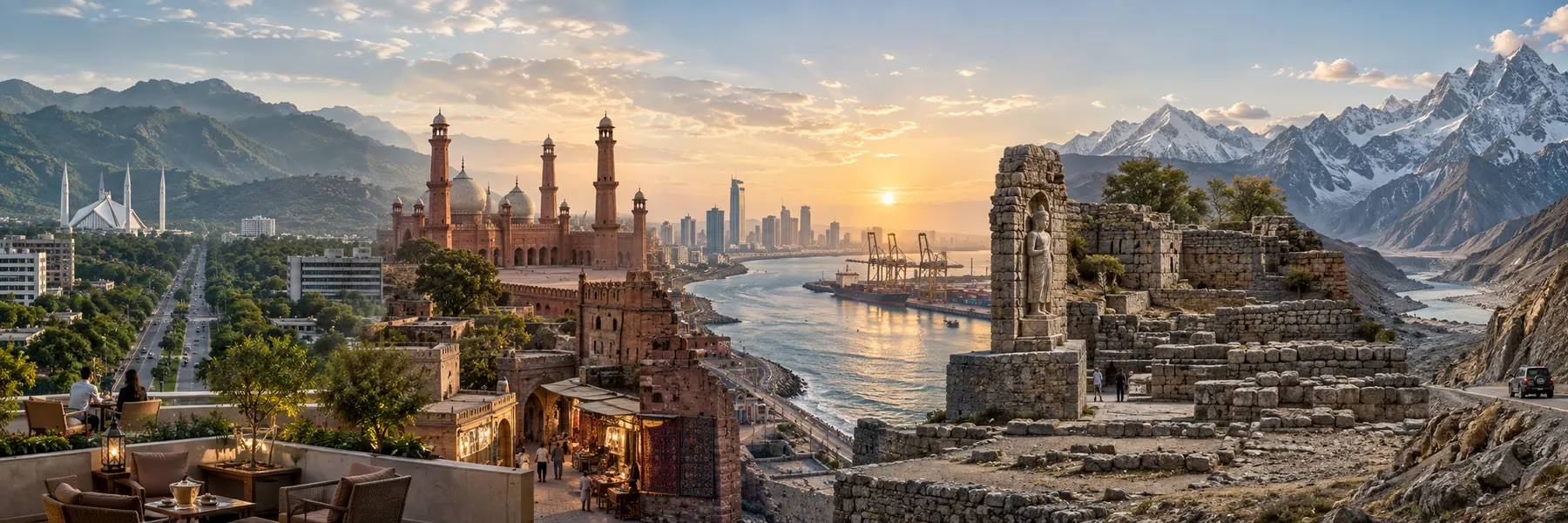 Conceptual visual journey through Pakistan's cities, coast, heritage and mountain landscapes
