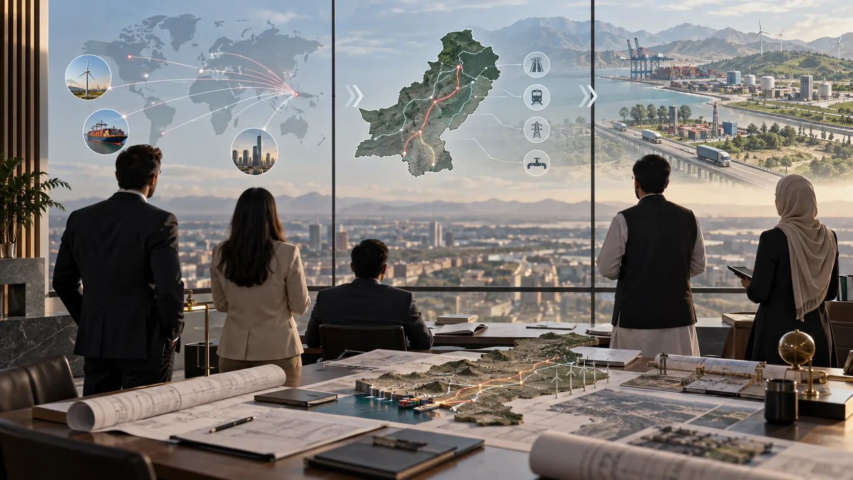 Conceptual strategy room connecting international interest with infrastructure and energy pathways