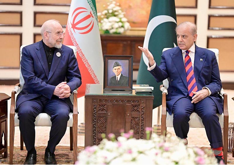 Prime Minister Muhammad Shehbaz Sharif meeting Iranian delegation leader Mohammad Bagher Ghalibaf during the Islamabad Talks